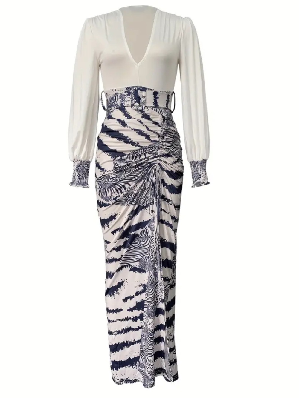 White and Navy Graphic Print Ruched Maxi dress